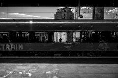 My silhouetted self reflected in a train window in Essen main station
