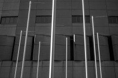Bright flag poles in front of a dark building