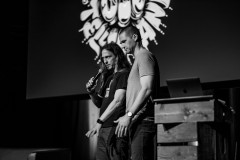 Marc Thiele and Tim Kadlec on stage, fighting technical difficulties