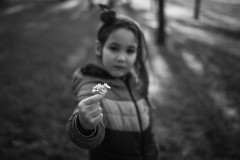 Monochrome image of my daugther holding a bunch of daisies into the camera, while herself is out of focus in the background
