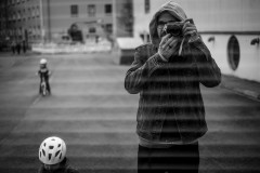 Monochrome image of my and my two children, reflected in a window