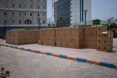 Boxes with supplies outside the building.
