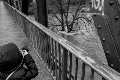 My daugther taking a photograph of a tree in the middle of the Ruhr from a bridge